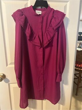FRNCH Rose-Magenta Ruffled Long-Sleeve Shirt Dress